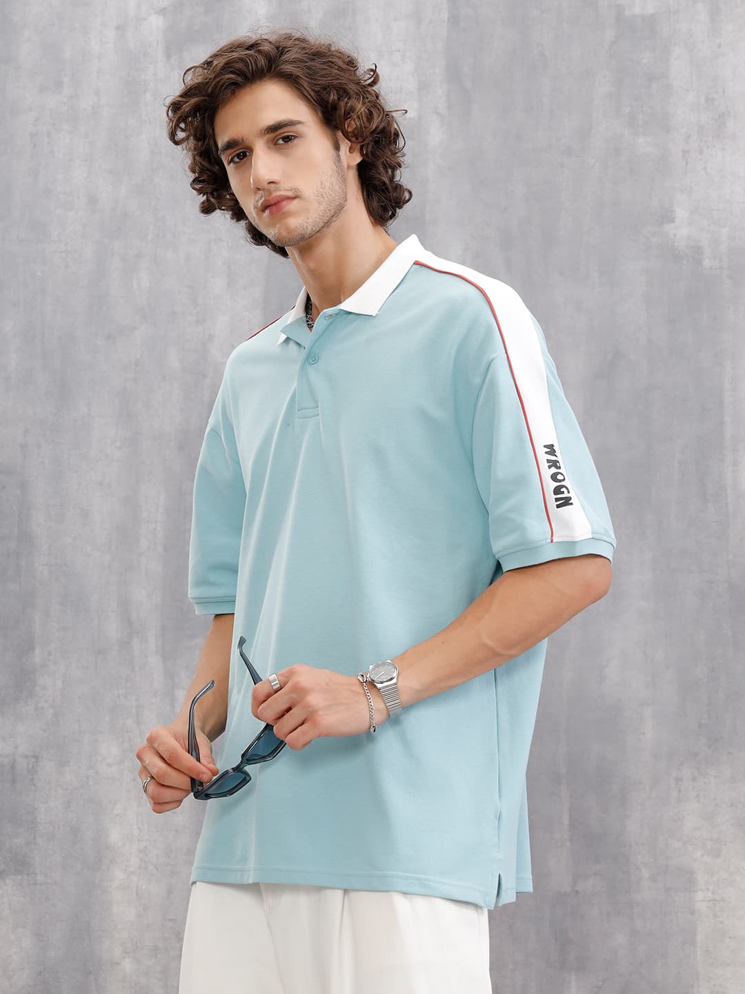Polo Tshirt - Men's Blue Casual Oversize Solid Shoulder Tape Detail Polo Tshirt 1