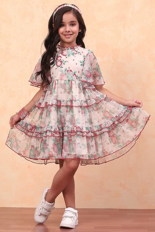 Dresses - Girls Beige Casual Regular Fit Printed Dress 1