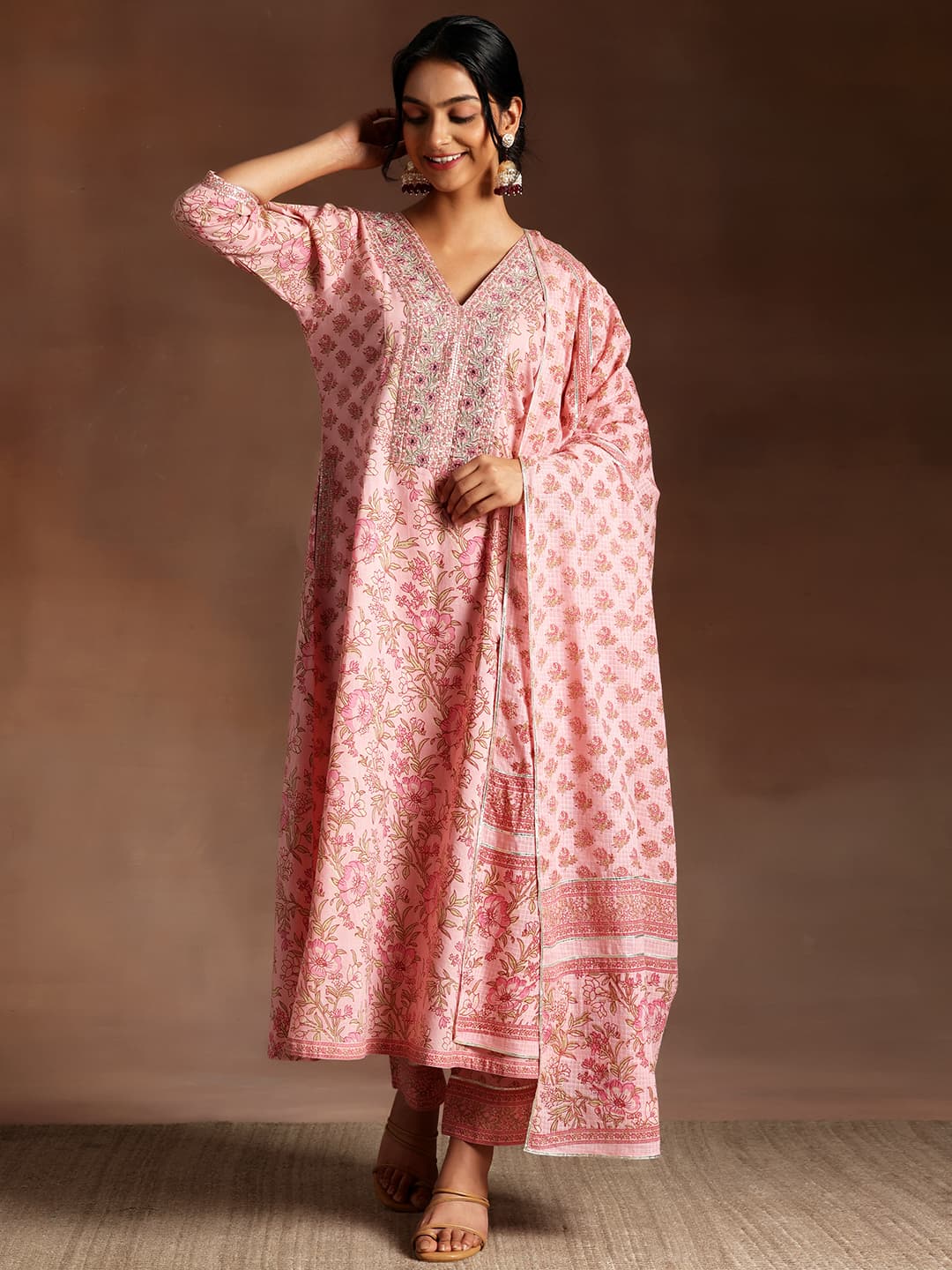 Kurta Sets - Women's Pink Floral Printed a-line Kurta With Printed Palazzo and Printed Kota Dupatta 1