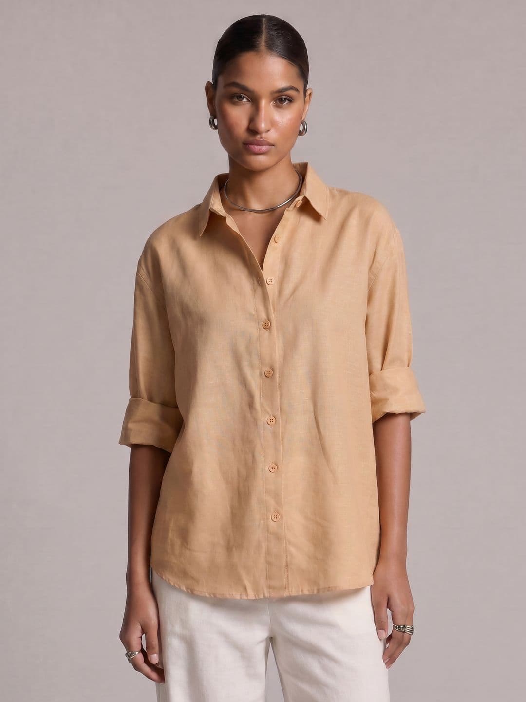 Shirt - Women's Brown Casual Full Sleeves Oversized Fit Linen Shirt 1