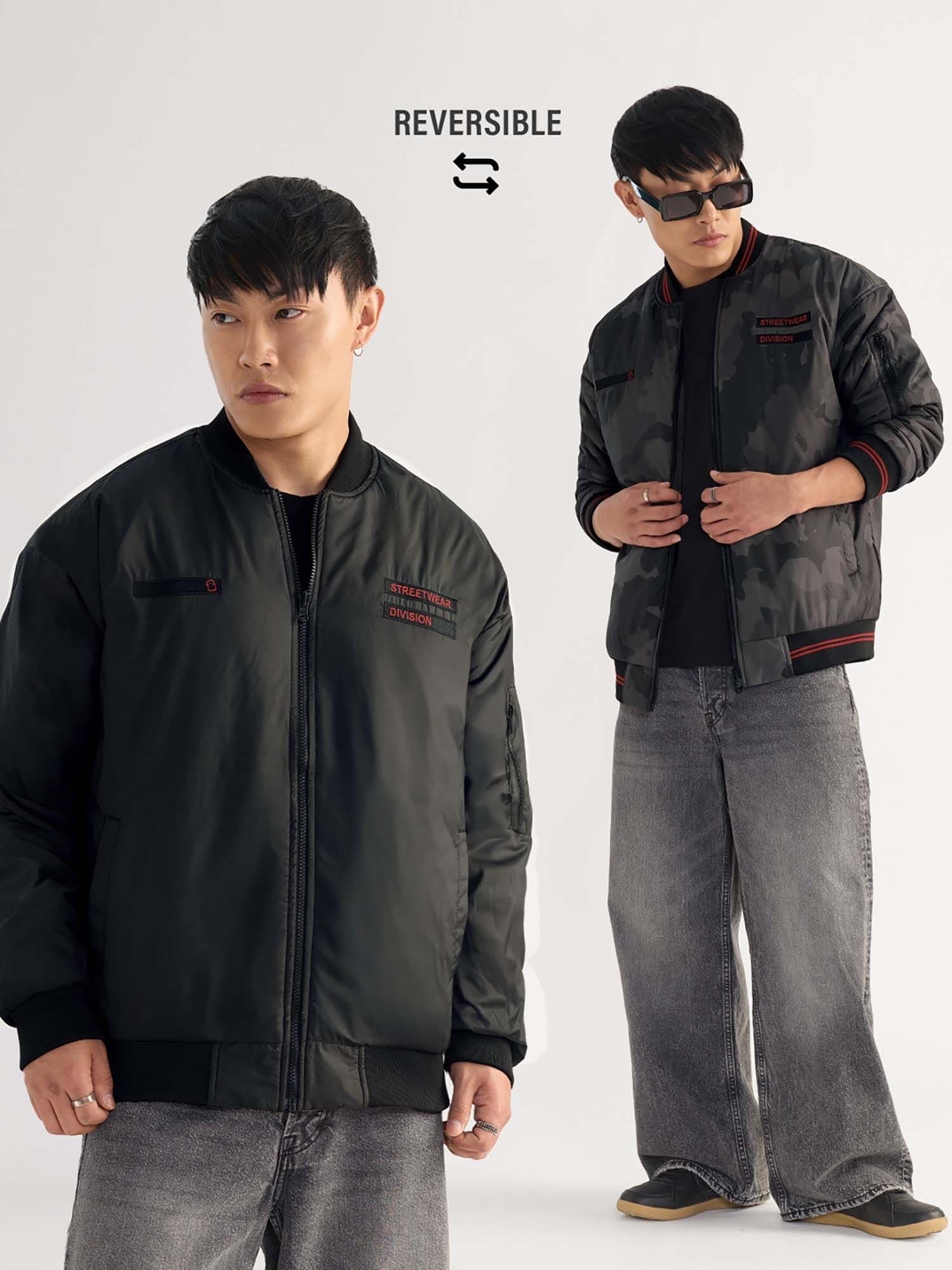 Jackets - Men's Black Casual Printed Regular Fit Jacket 1