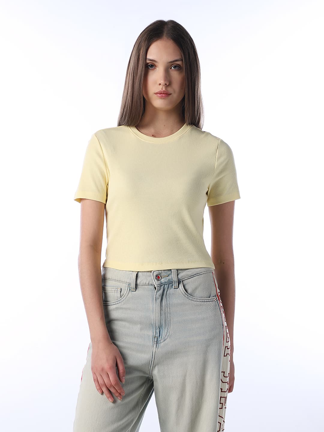 Tshirt - Women's Yellow Casual Solid Half Sleeves Tshirt 1