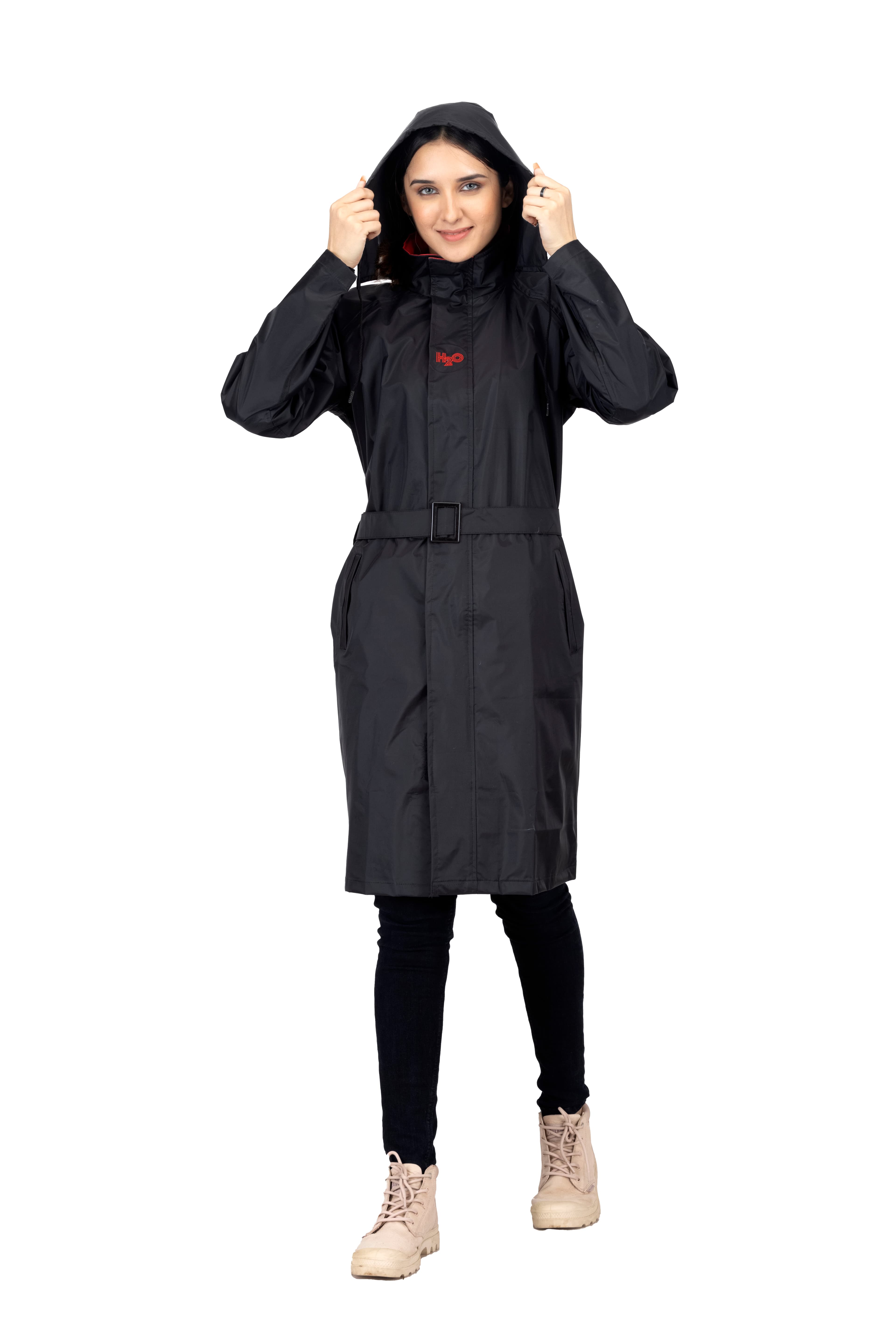 Rain Jacket - Women's Black Non Reversible and Non Transparent Above Knee Full Sleeves Hooded Neck Solid Rain Jacket 1
