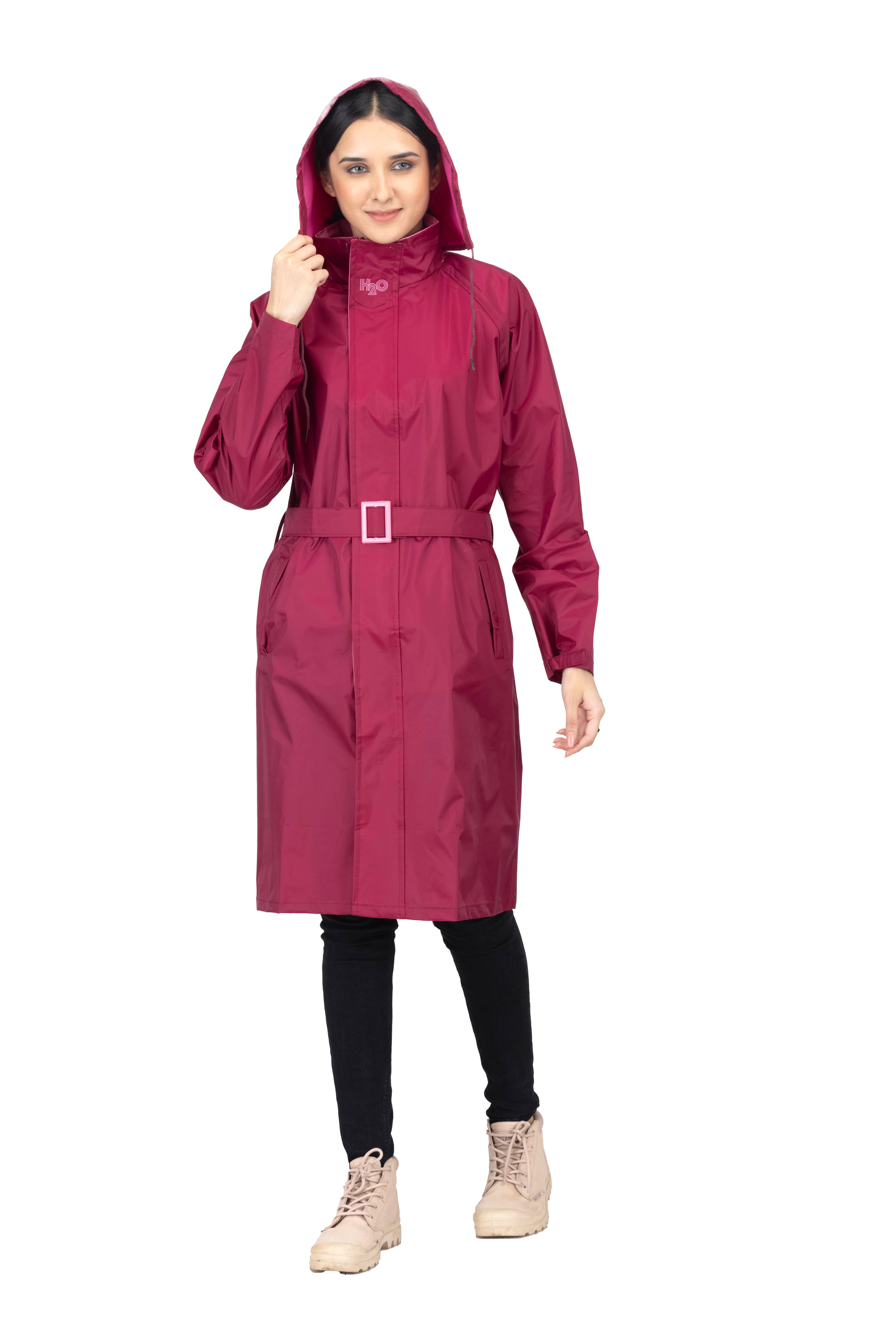 Rain Jacket - Women's Red Non Reversible and Non Transparent Above Knee Full Sleeves Hooded Neck Solid Rain Jacket 1