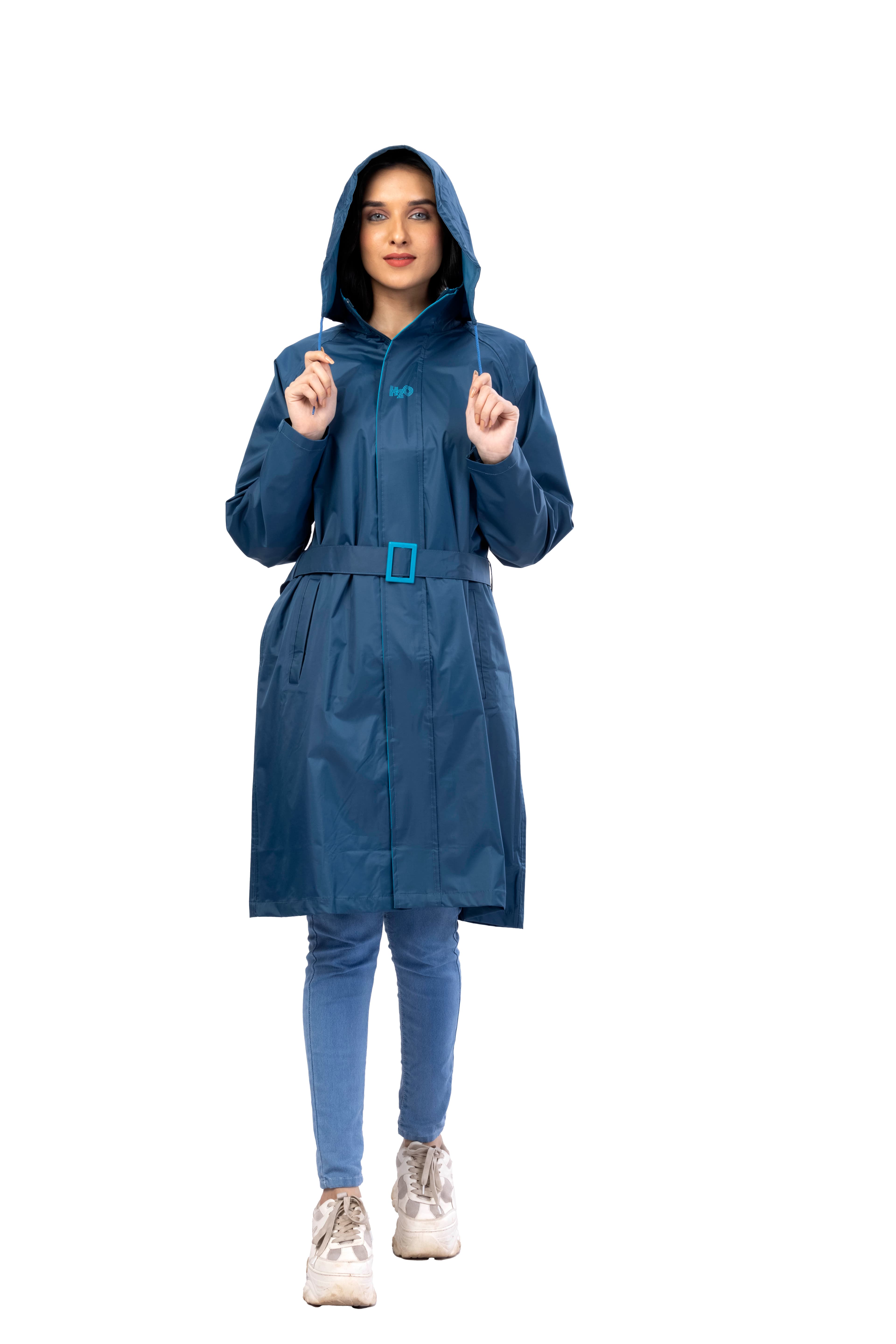 Rain Jacket - Women's Blue Non Reversible and Non Transparent Above Knee Full Sleeves Hooded Neck Solid Rain Jacket 1