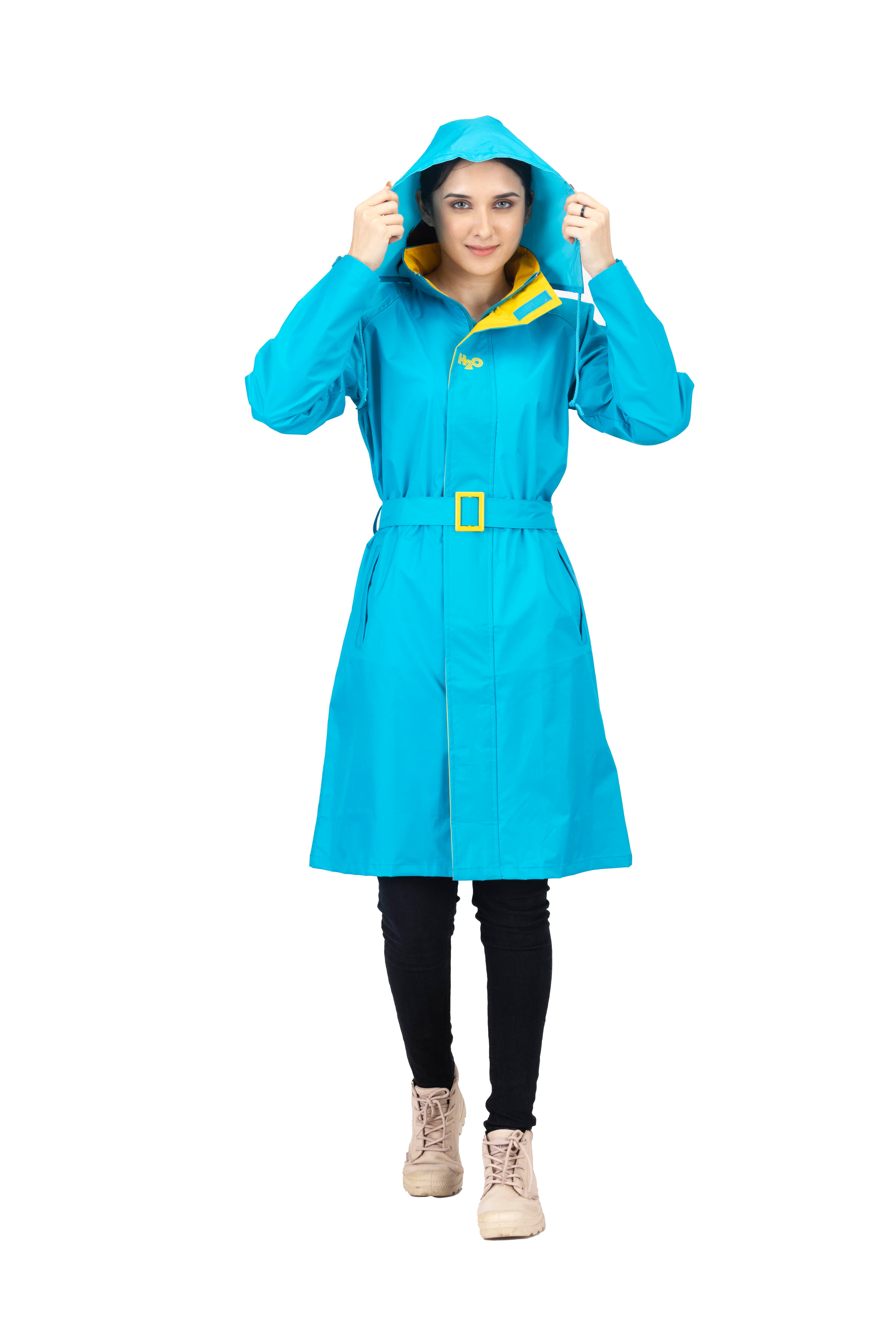 Rain Jacket - Women's Blue Non Reversible and Non Transparent Above Knee Full Sleeves Hooded Neck Solid Rain Jacket 1