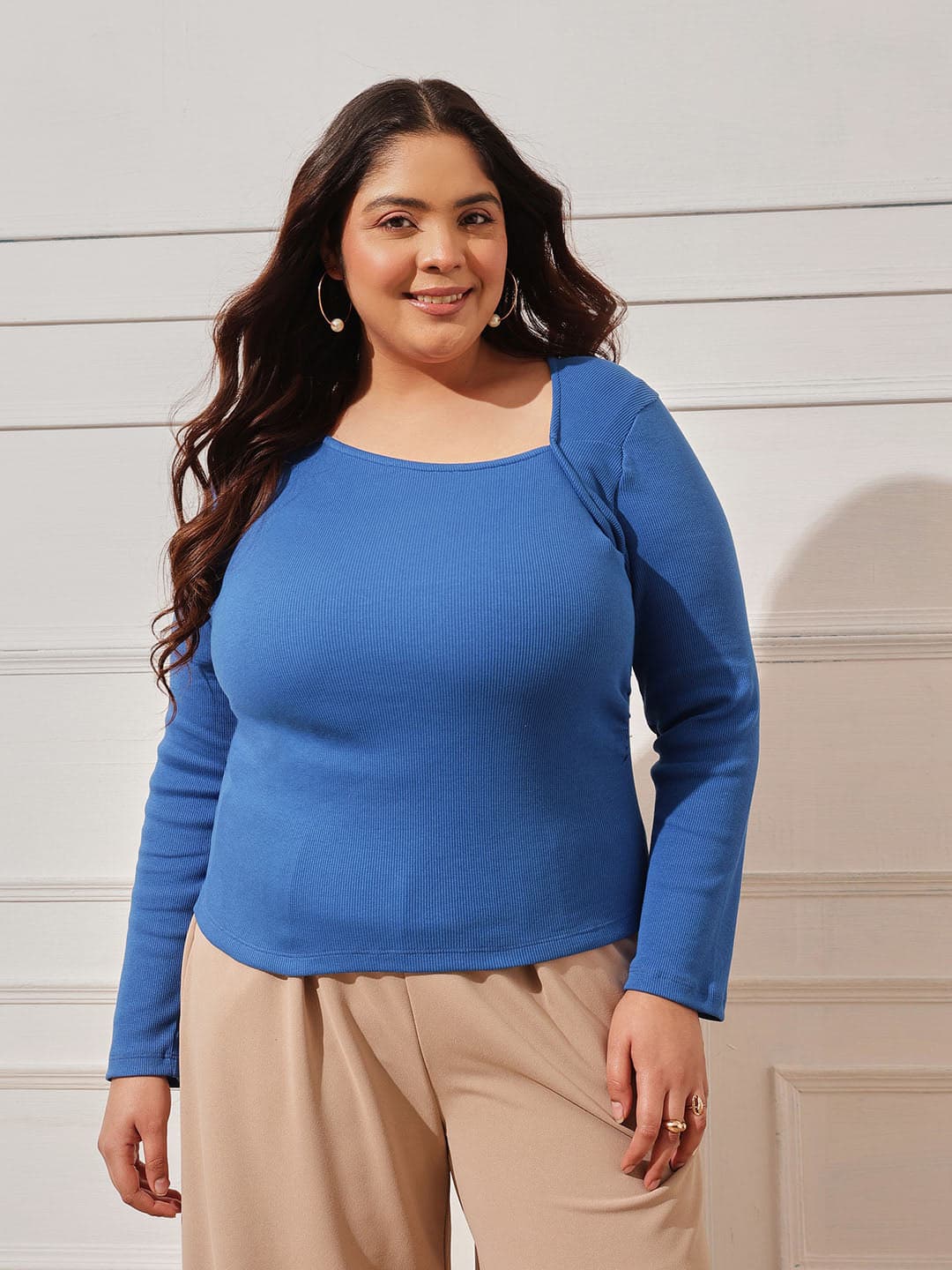 Tops - Women's Blue Casual Solid Slim Fit Top 1