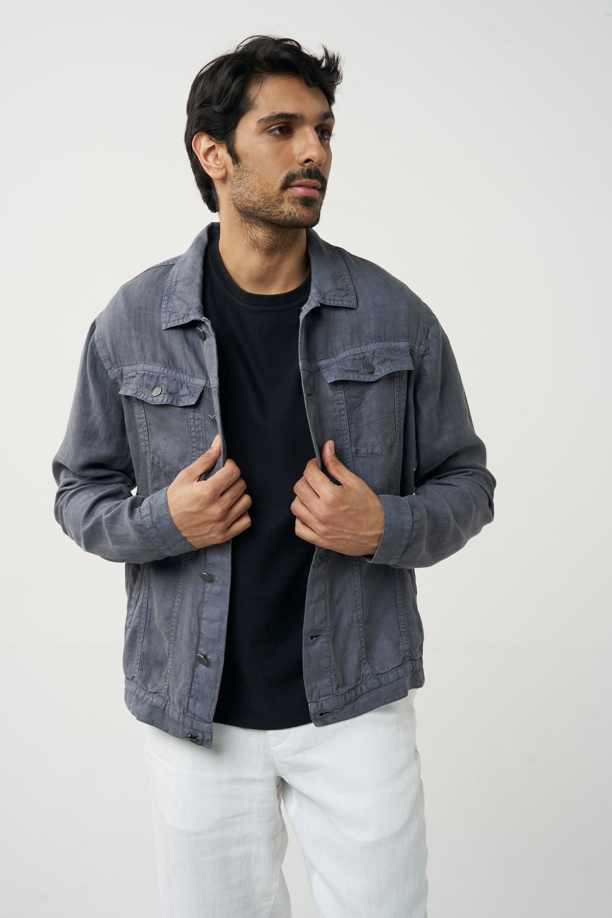 Shacket - Men's Grey Casual Regular Fit Full Sleeves Diego Linen Shacket 1