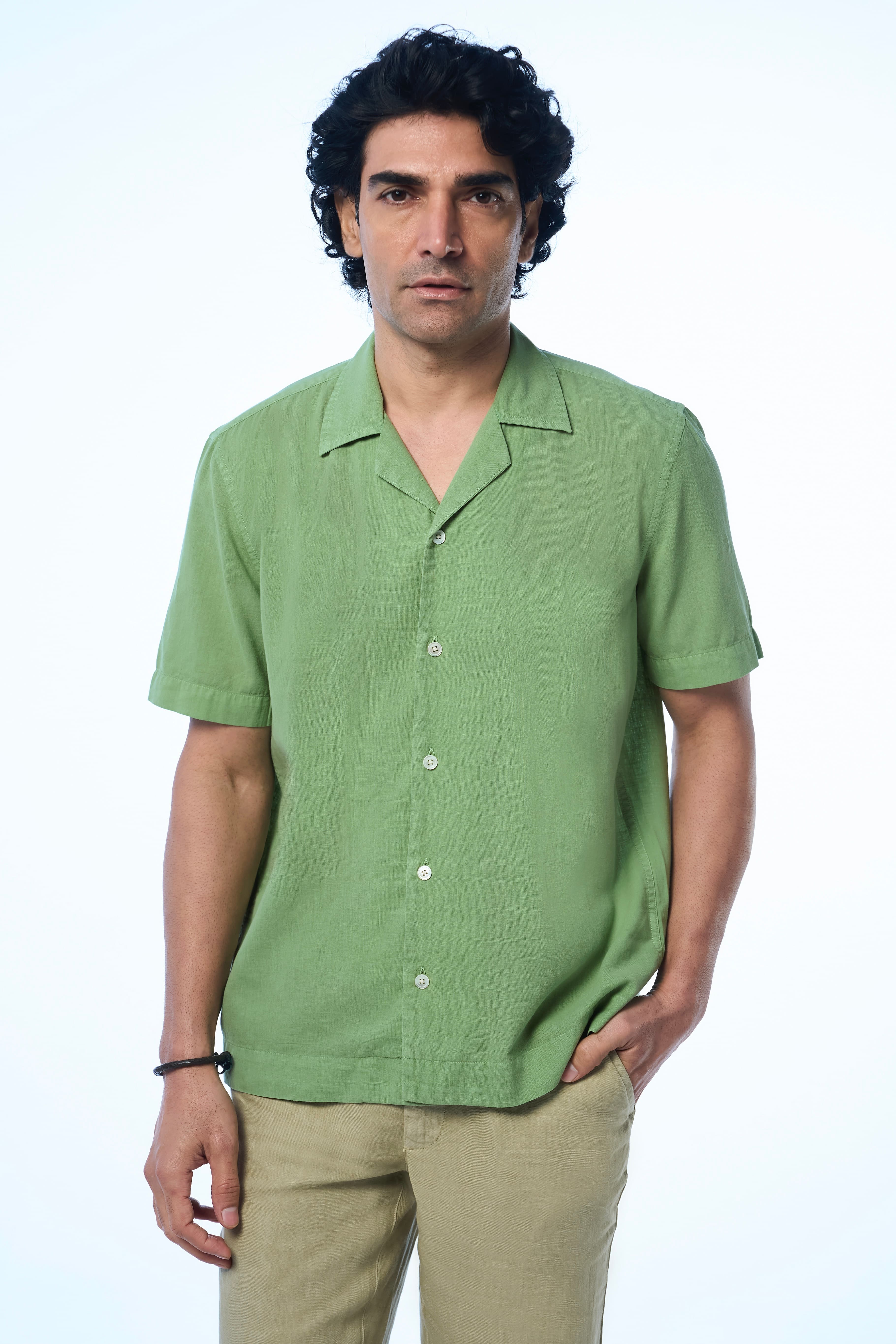 Shirt - Men's Green Casual Regular Fit Half Sleeves Chriss Ss Khadi Shirt 1