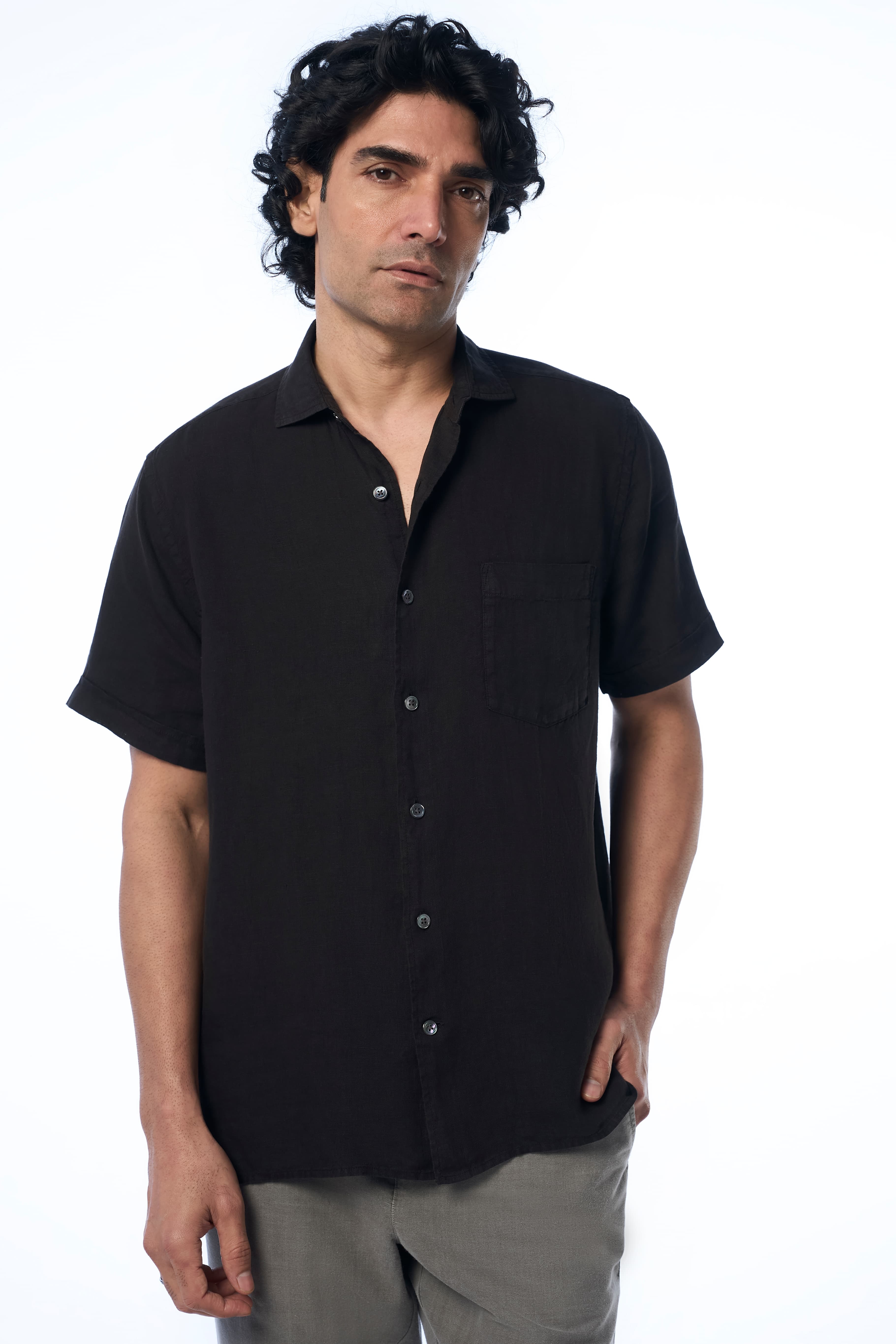 Shirt - Men's Black Casual Regular Fit Half Sleeves Flint Ss Linen Shirt 1