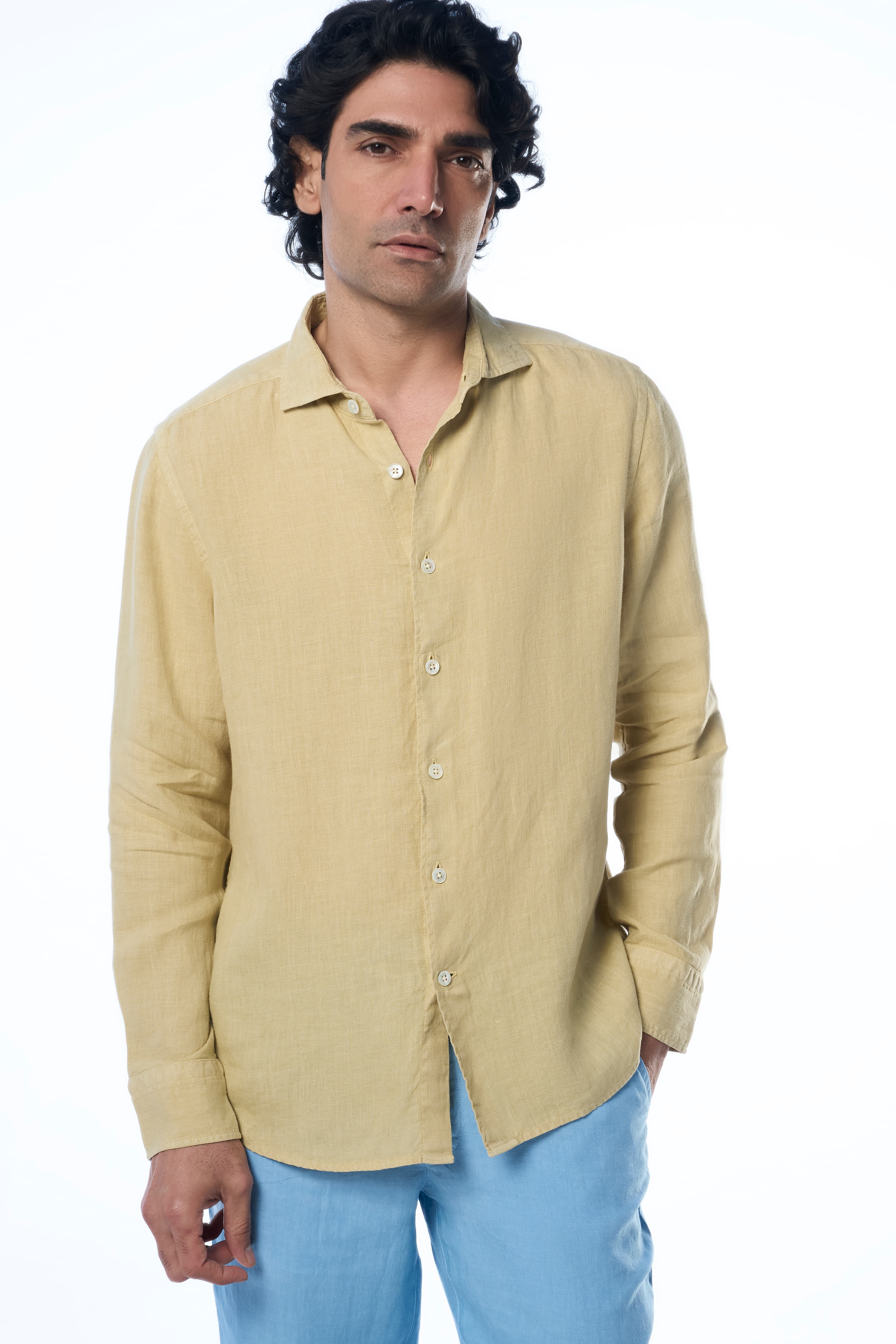 Shirt - Men's Yellow Casual Regular Fit Full Sleeves Fabio Ls Linen Shirt 1