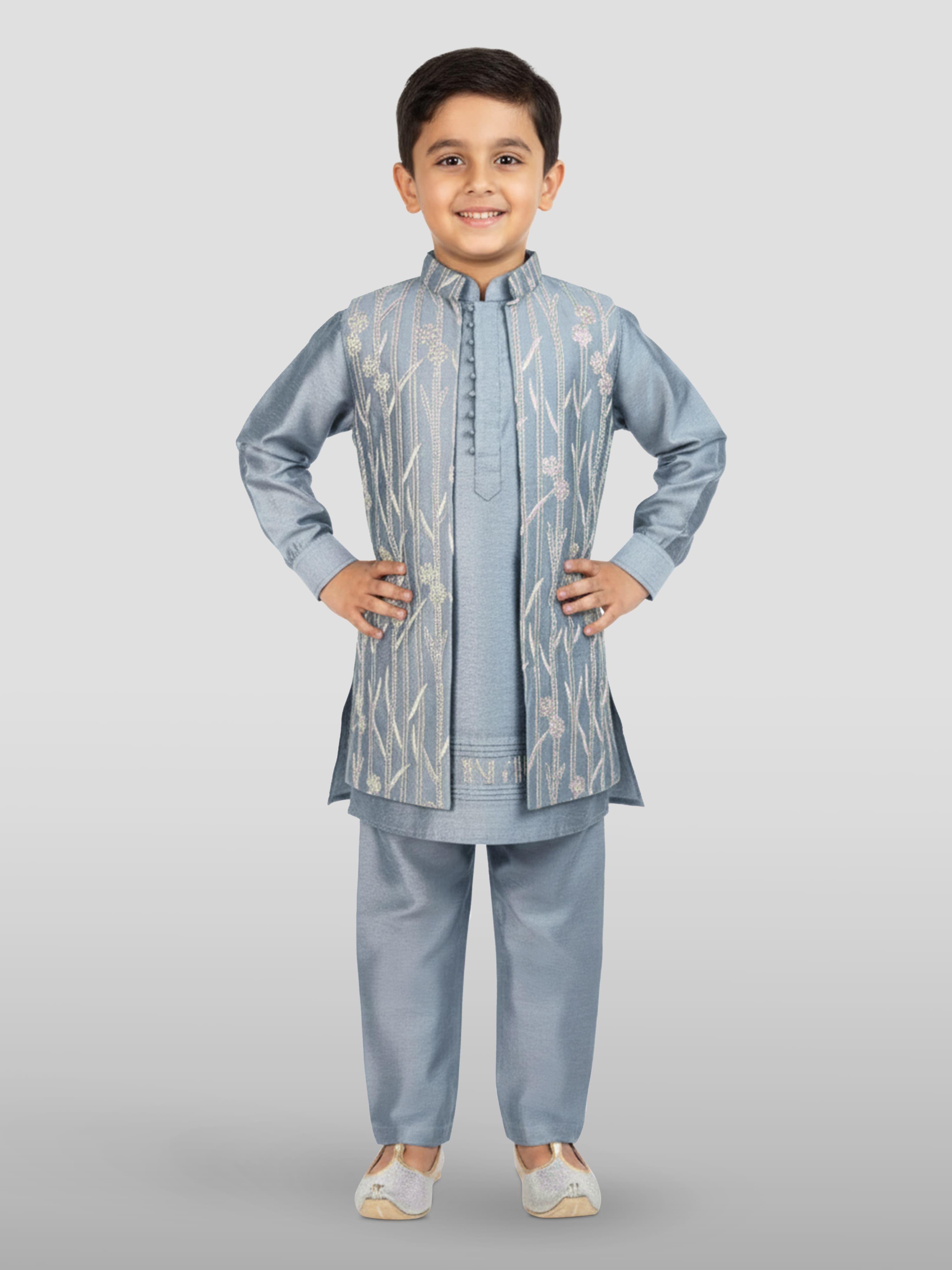Kurta Sets - Boys Blue Festive Printed Embroidered Full Sleeves Kurta Set With Jacket 1