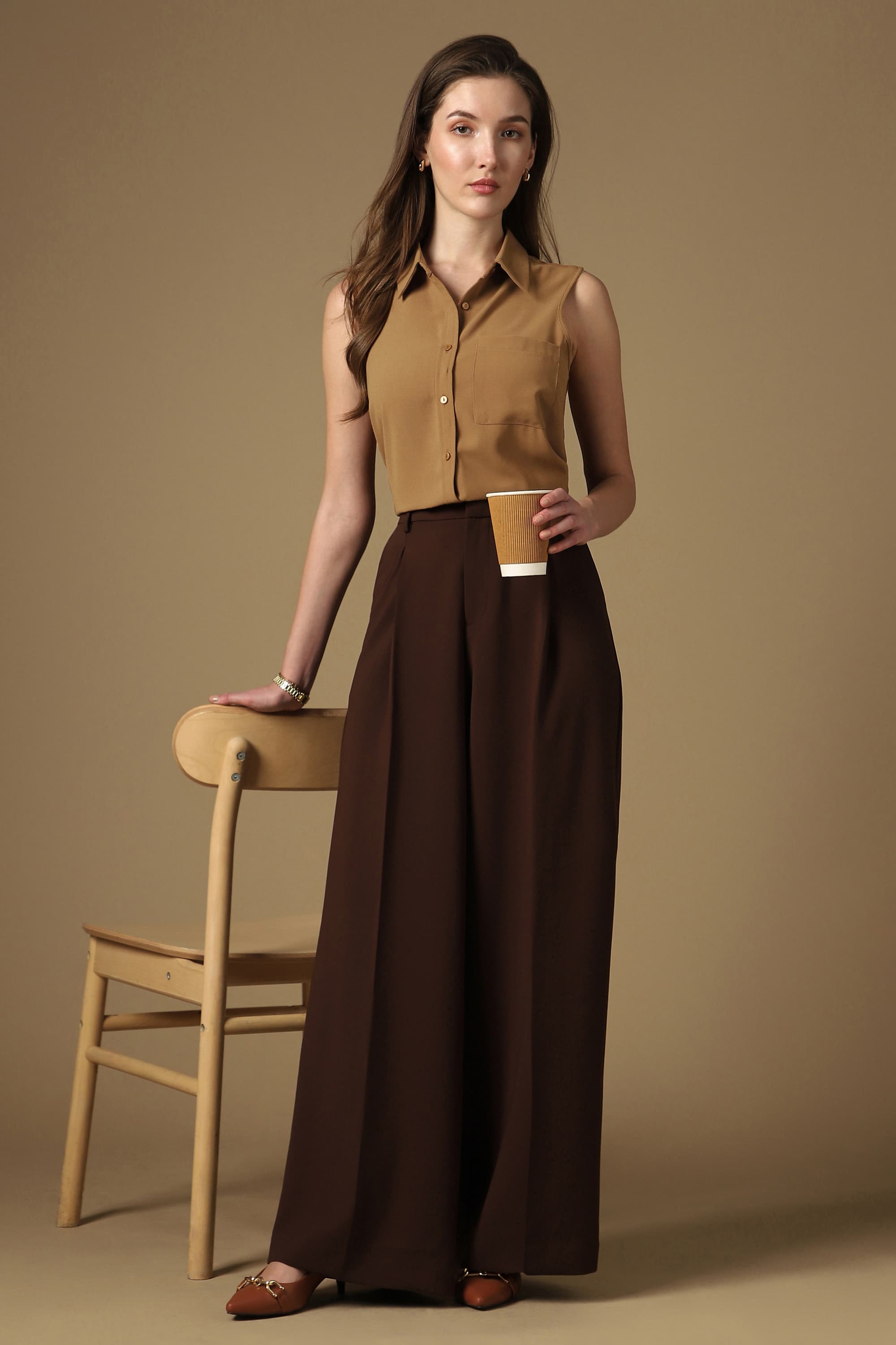 Shirt - Women's Brown Casual Regular Fit Solid Sleeveless Shirt 1