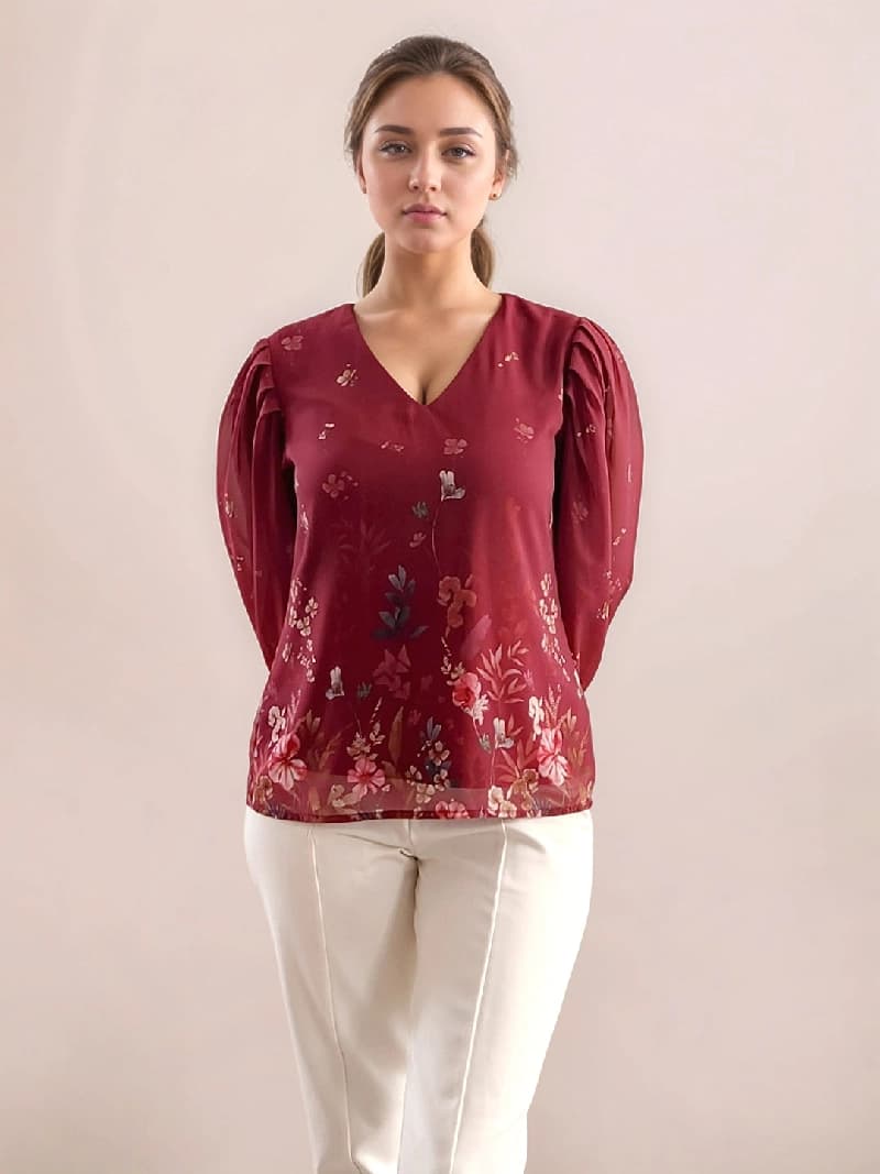 Women's Red Casual Printed Regular Fit Top