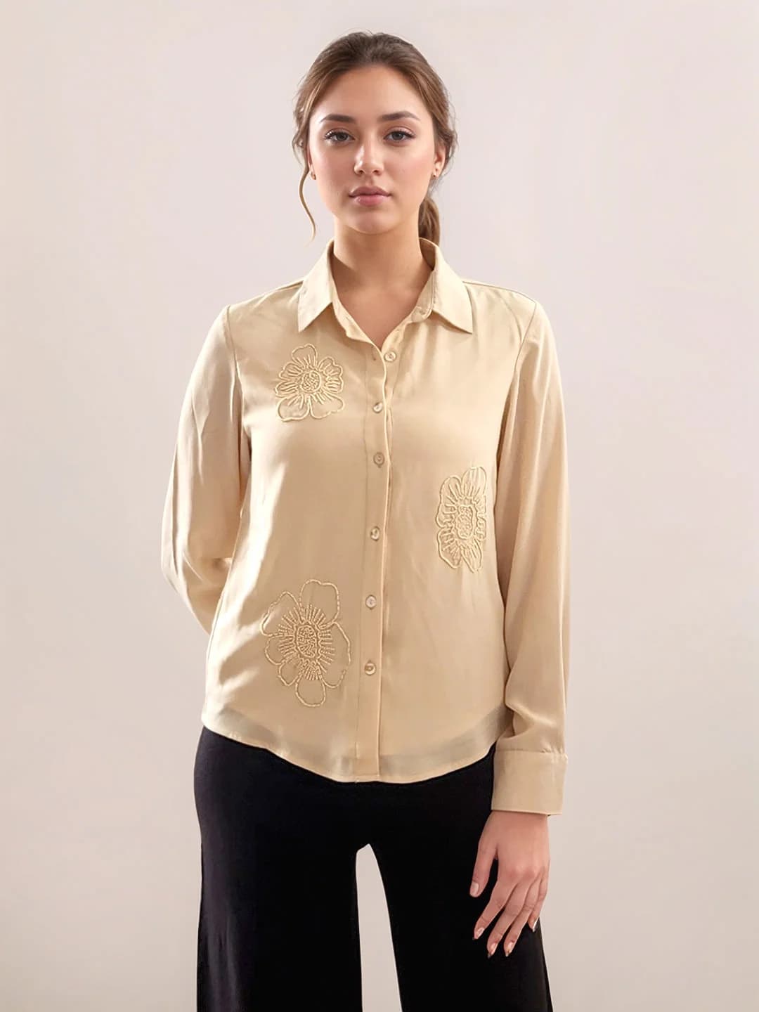 Women's Beige Festive Solid Regular Fit Shirt