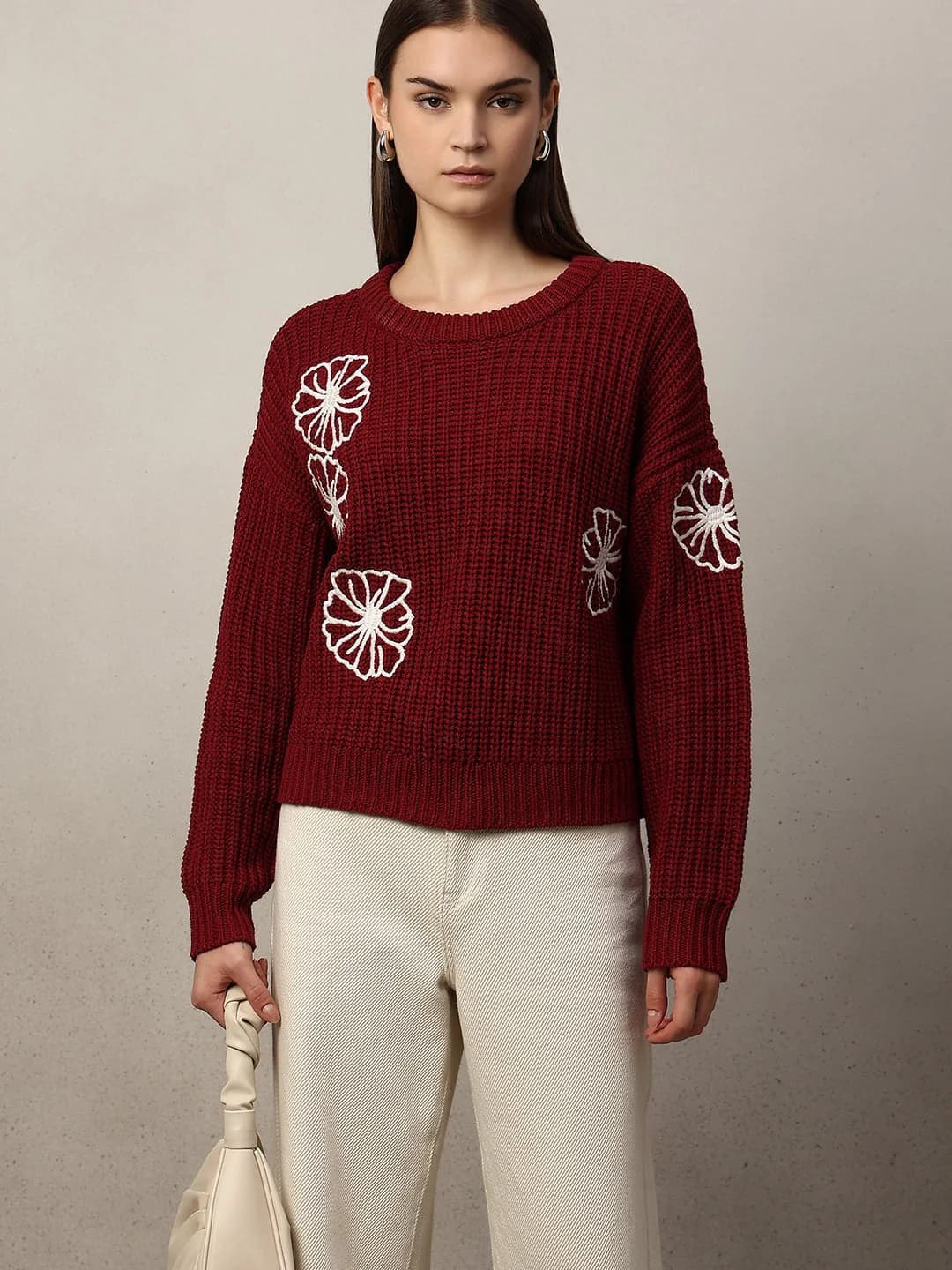 Women's Red Casual Self-Design Regular Fit Sweater