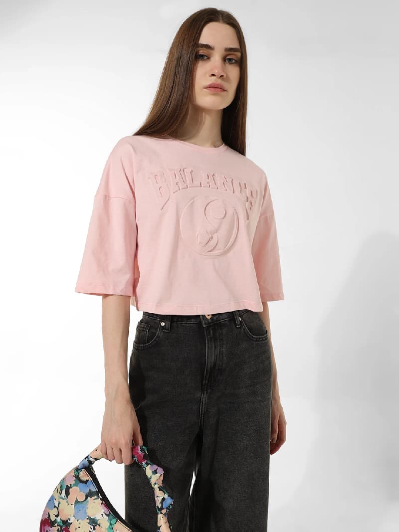 Women's Pink Casual Printed Oversized Fit Tshirt