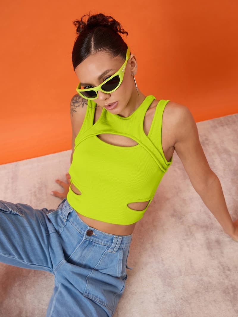 Women's Green Casual Solid Ribbed Top with Front Cut Out