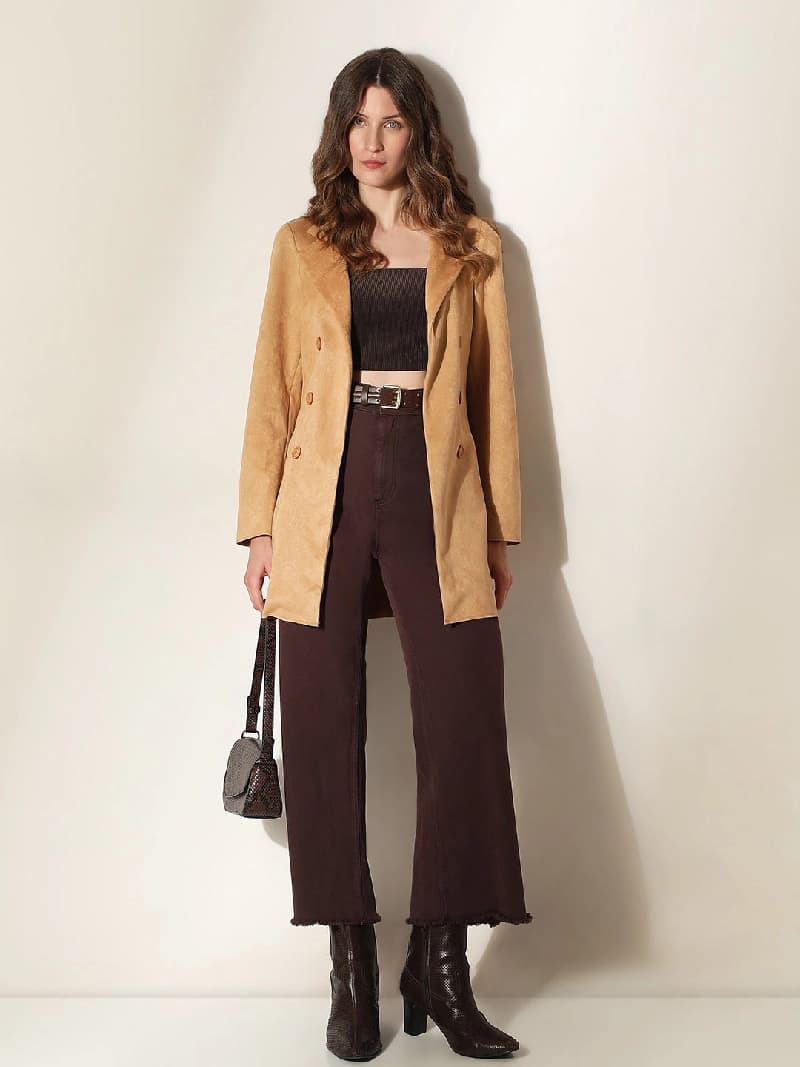Women's Brown Casual Textured Coat