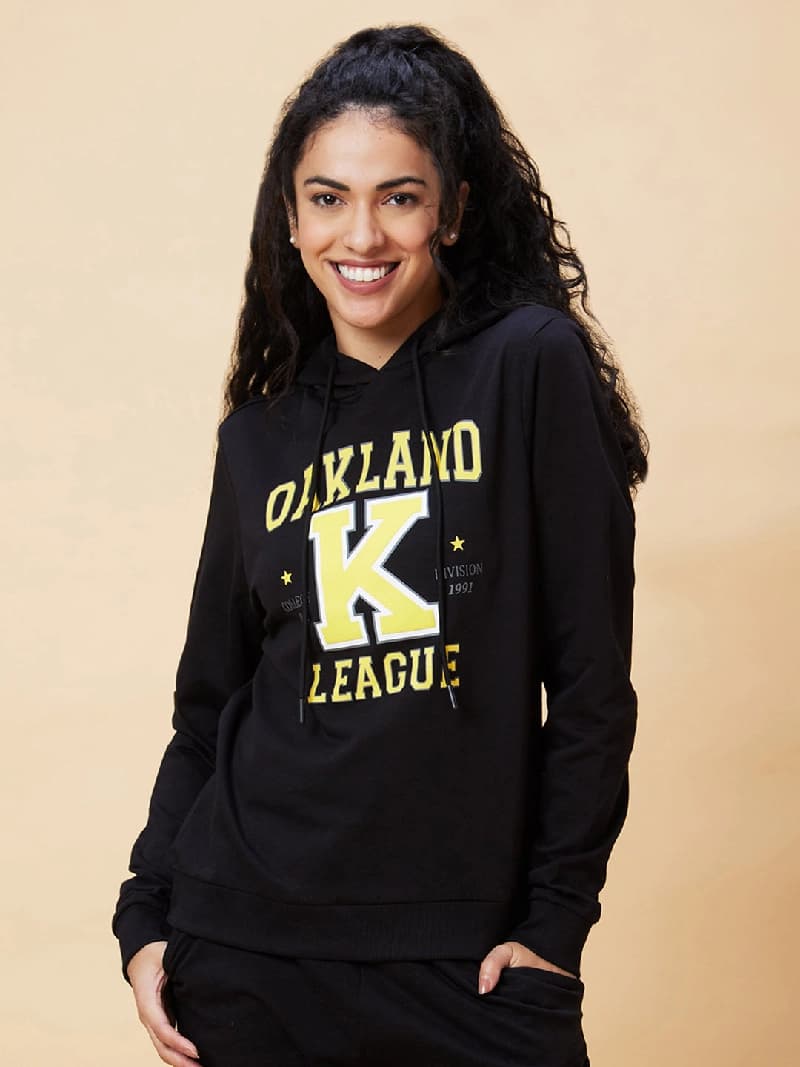 Women's Black Casual Graphic Oversized Fit Hoodie