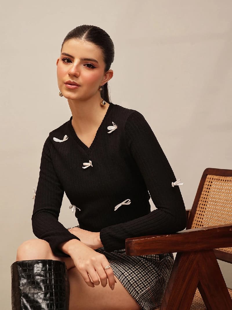 Women's Black Casual Self-Design Regular Fit Top