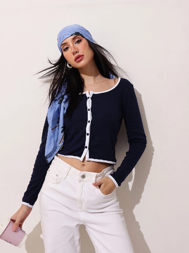 Women's Navy Casual Solid Regular Fit Top