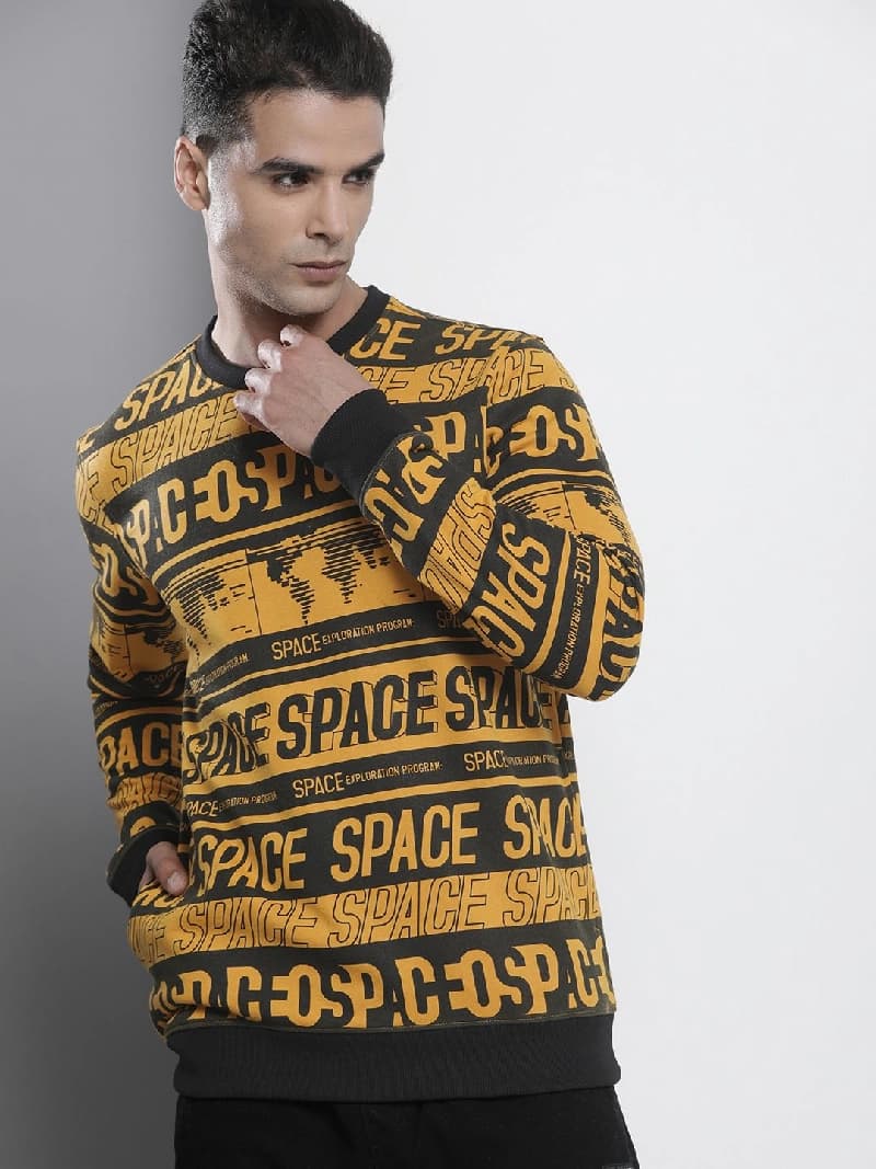 Men's Yellow Casual Printed Regular Fit Sweatshirt