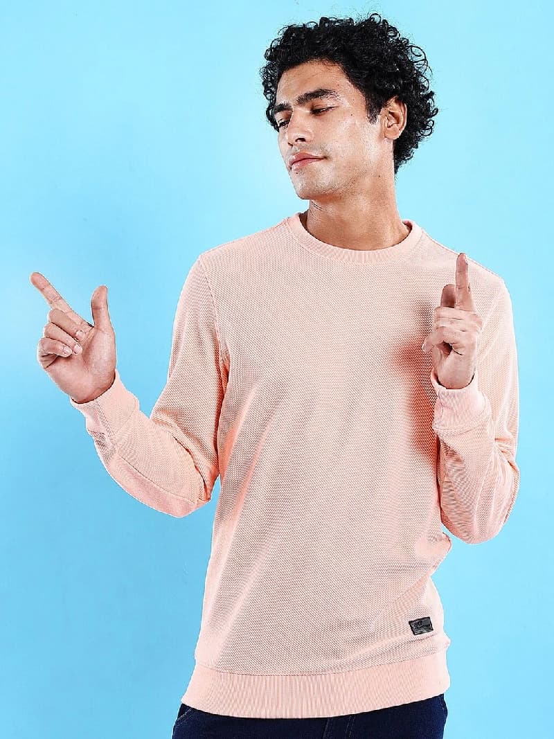 Men's Pink Casual Self-Design Regular Fit Sweatshirt