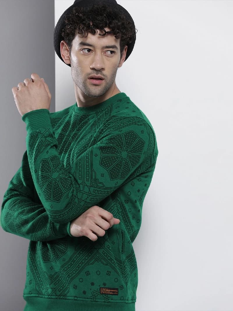 Men's Green Casual Printed Regular Fit Sweatshirt