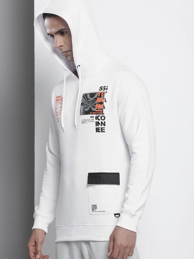 Men's White Casual Graphic Regular Fit Hoodie