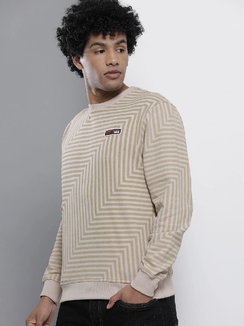 Men's Beige Casual Striped Regular Fit Sweatshirt