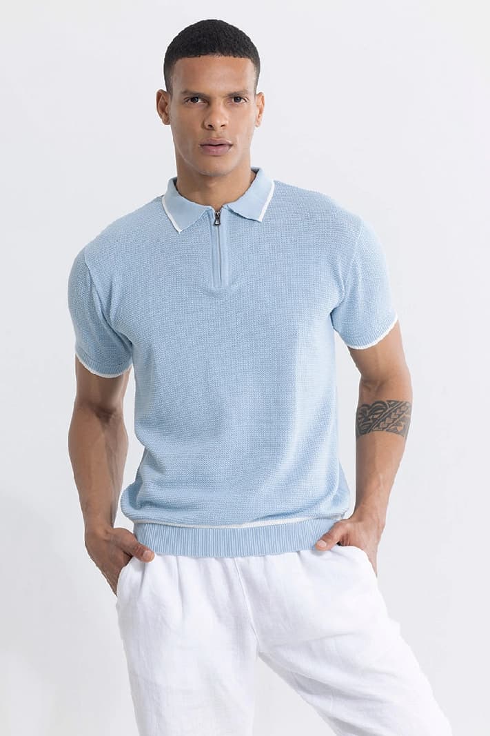 Men's Blue Casual Textured Slim Fit Polo Tshirt