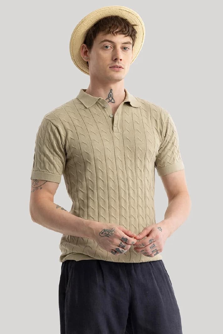 Men's Beige Casual Textured Slim Fit Polo Tshirt