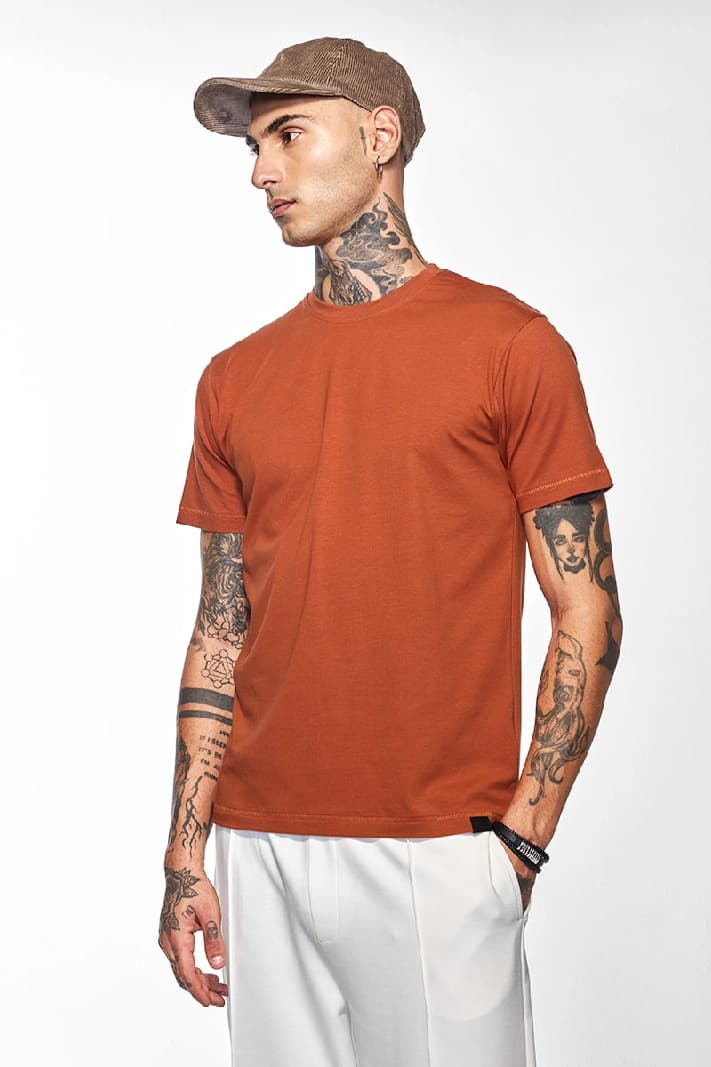 Men's Orange Casual Solid Slim Fit Tshirt