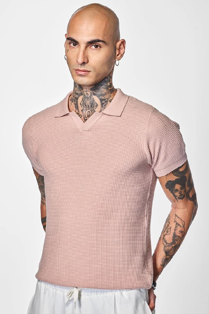 Men's Pink Casual Self-Design Slim Fit Polo Tshirt