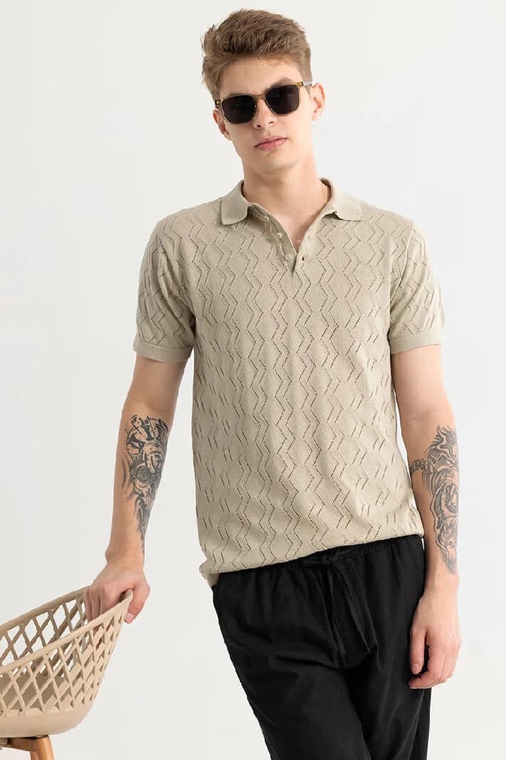 Men's Beige Casual Textured Slim Fit Polo Tshirt