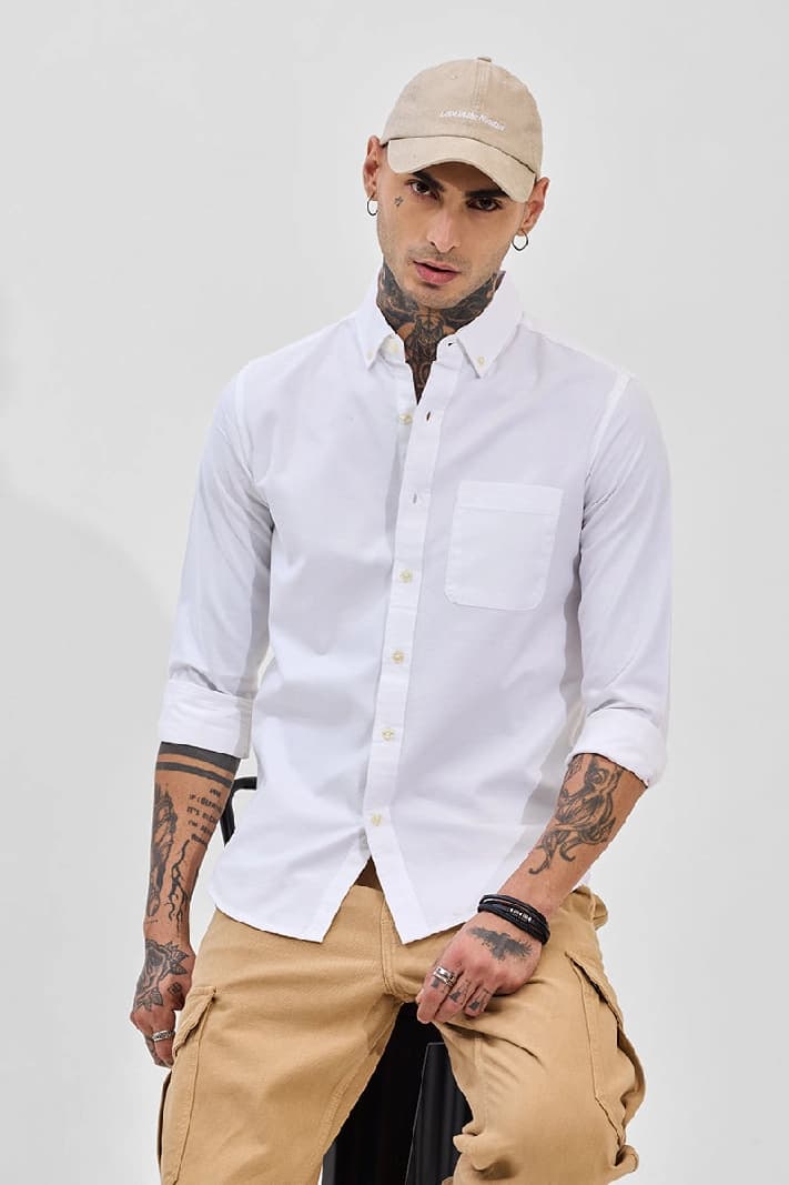 Men's White Casual Solid Slim Fit Shirt