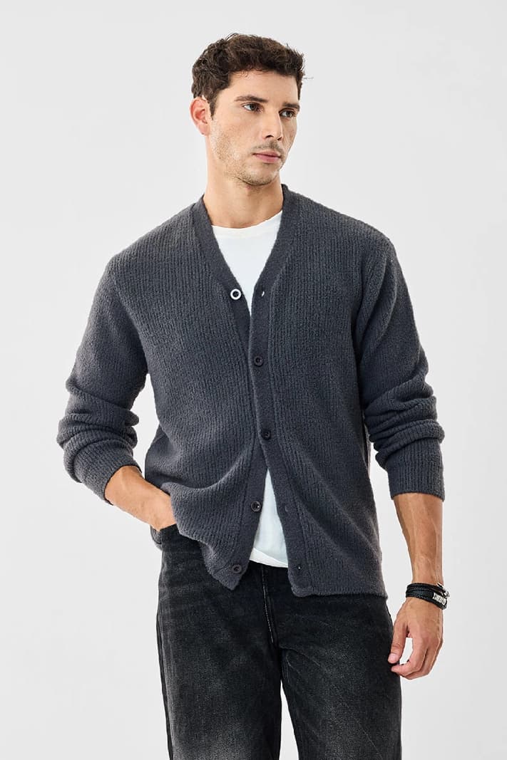 Men's Grey Casual Textured Regular Fit Cardigan