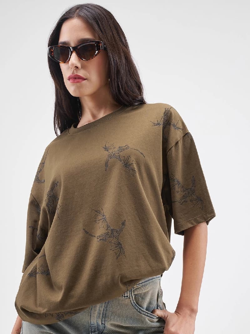 Women's Brown Casual Graphic Oversized Fit Tshirt