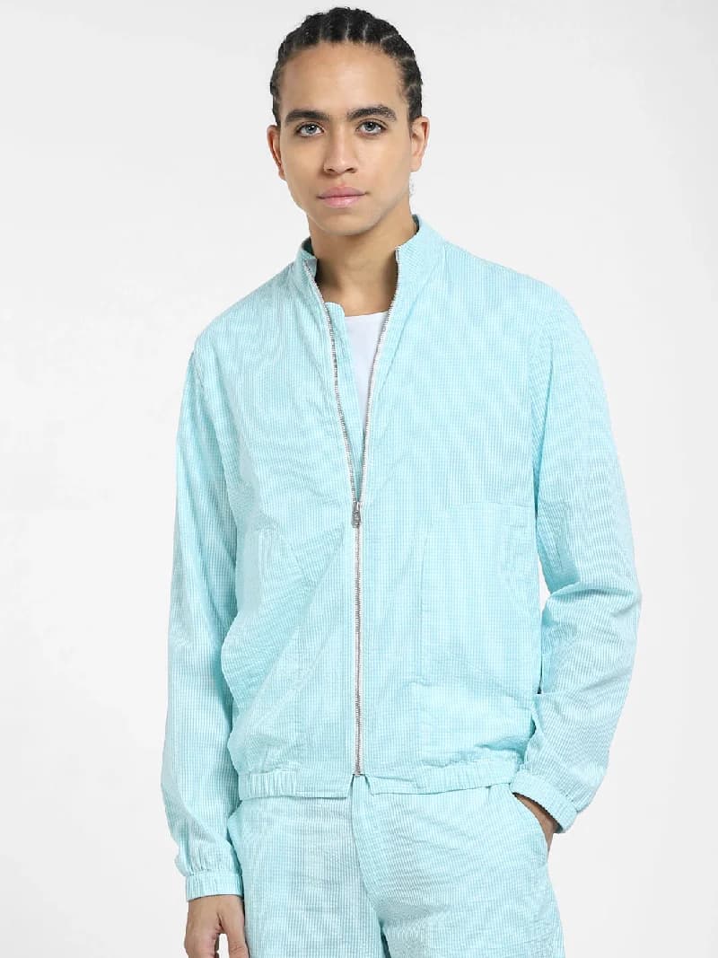 Men's Blue Casual Solid Regular Fit Jacket
