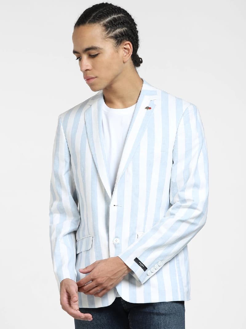 Men's Blue Casual Striped Slim Fit Blazer
