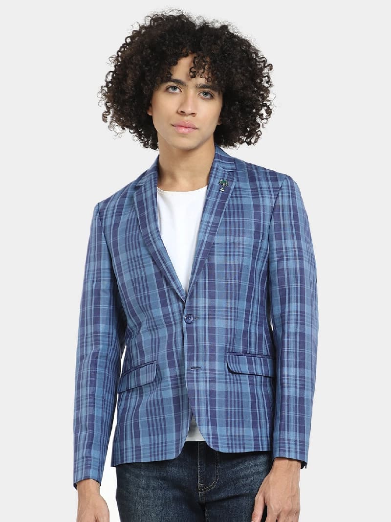 Men's Blue Casual Checked Slim Fit Blazer