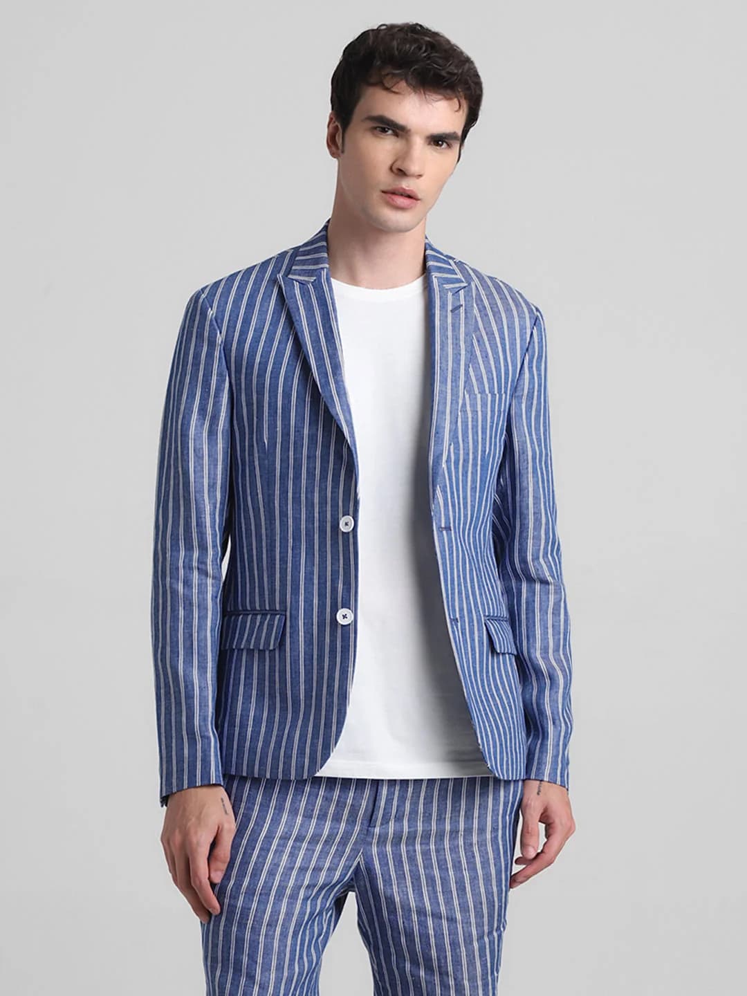 Men's Blue Casual Striped Slim Fit Blazer