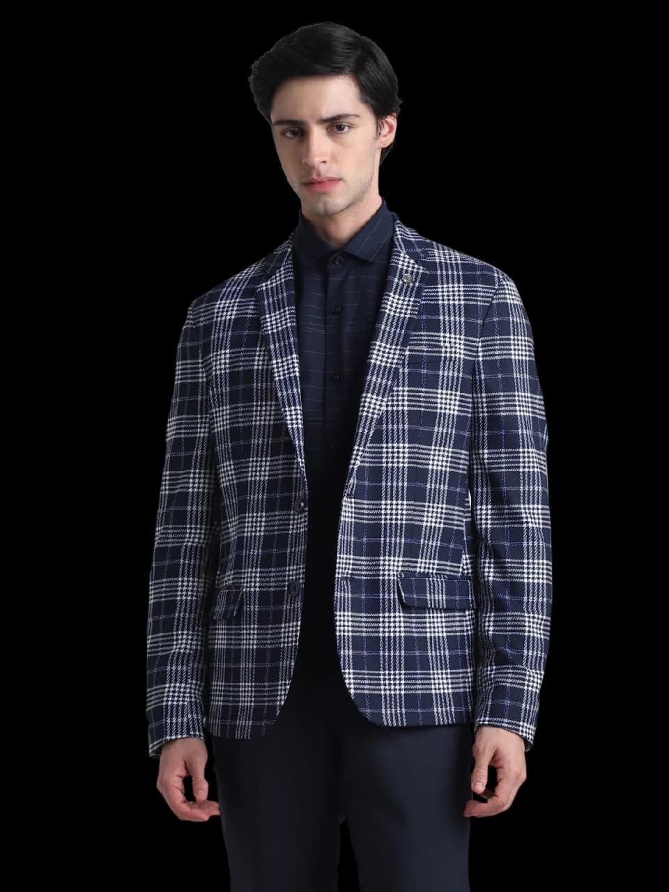 Men's Blue Casual Checked Slim Fit Blazer