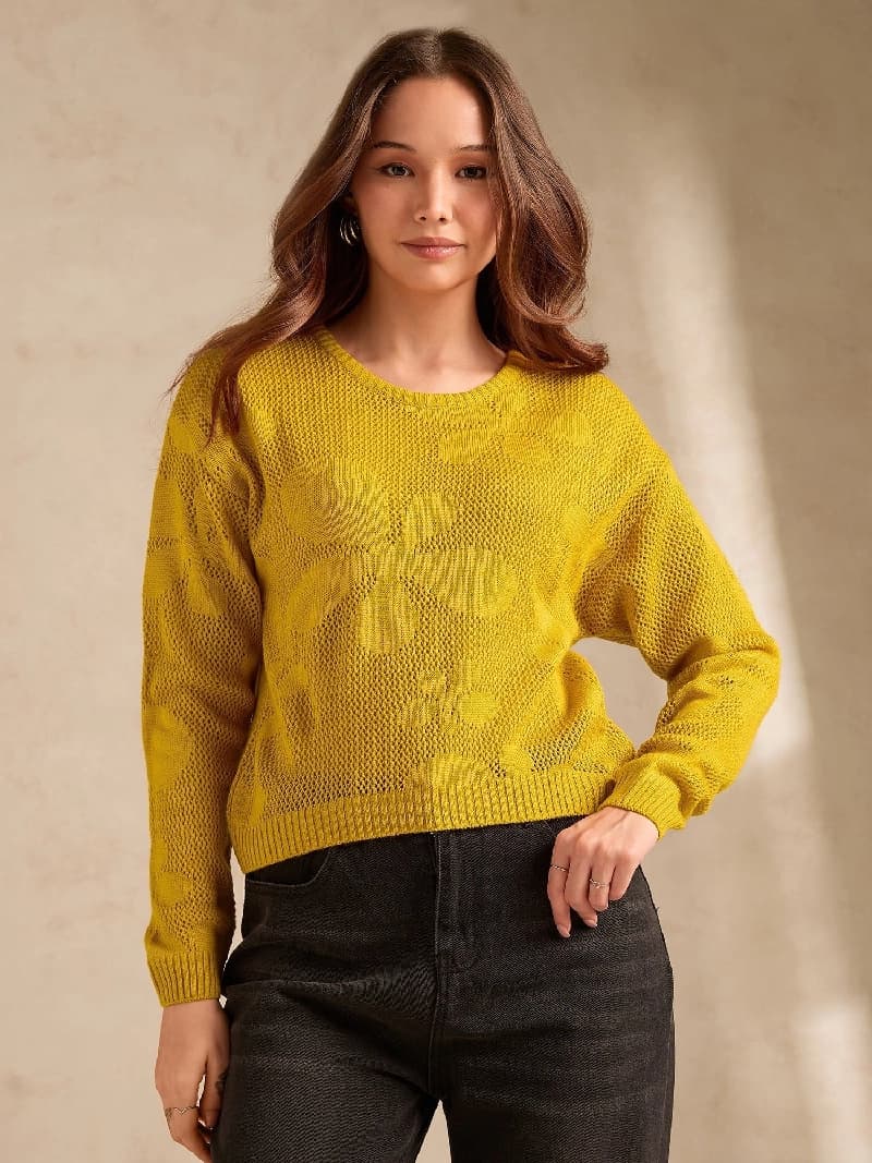 Women's Yellow Casual Solid Oversized Fit Sweater