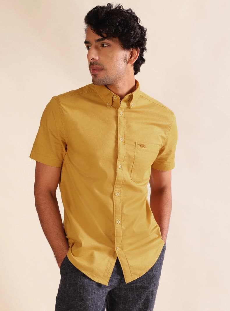 Men's Yellow Casual Solid Regular Fit Shirt