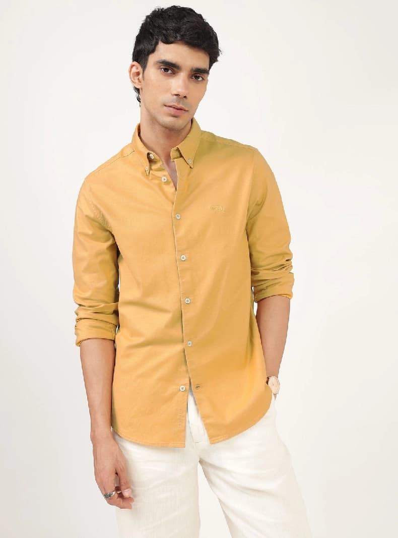 Men's Gold Casual Solid Slim Fit Shirt