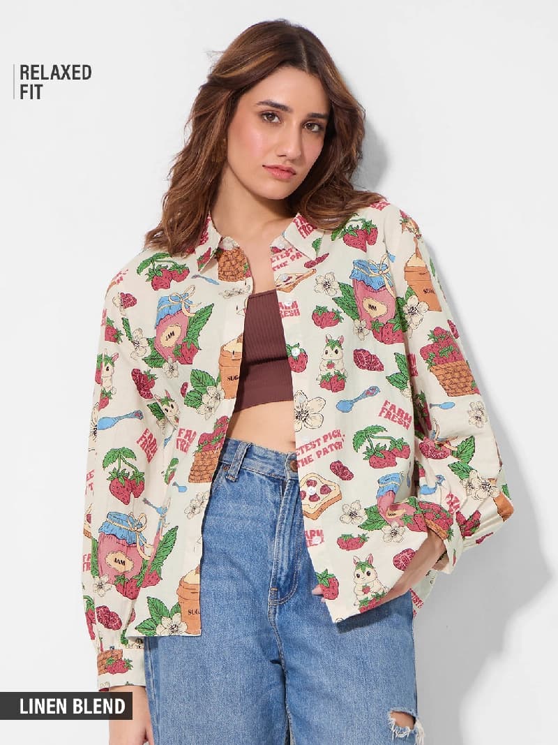 Women's Beige Casual Graphic Regular Fit Shirt