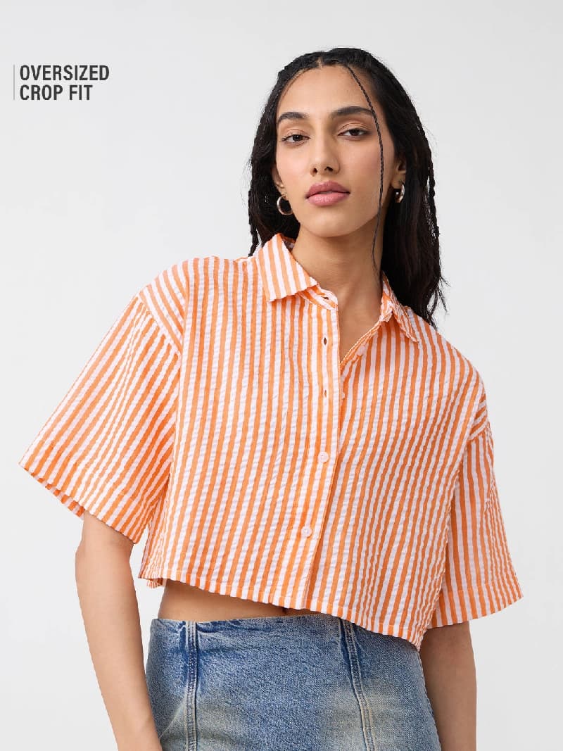 Women's Orange Casual Striped Oversized Fit Shirt