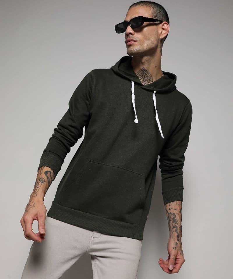 Men's Green Casual Solid Hoodie
